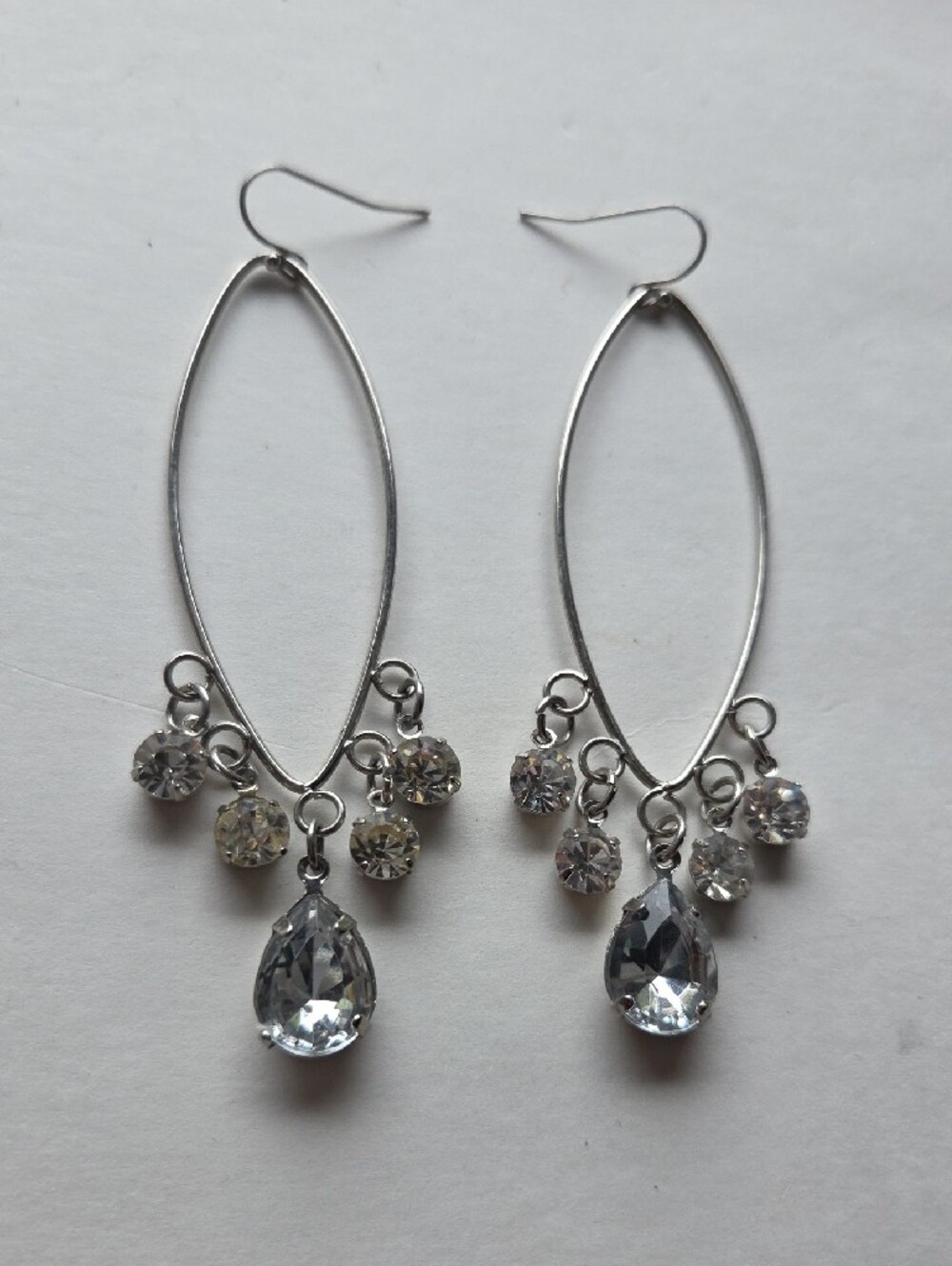 Silver Teardrop Dangle Earrings with Clear Rhinestones